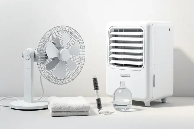 Conceito de manutenção e limpeza de climatizador e ventilador com ferramentas organizadas em composição clean e minimalista