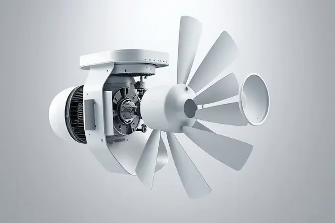 Visualização técnica conceitual em 3D dos componentes de um ventilador portátil.