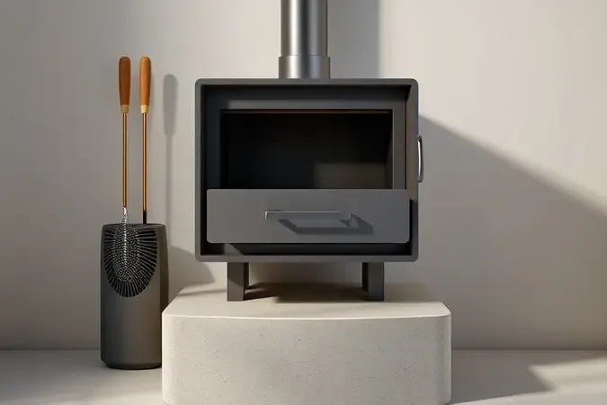 Render 3D conceitual de gaveta de cinzas e ferramentas de manutenção limpas para fogão a lenha.