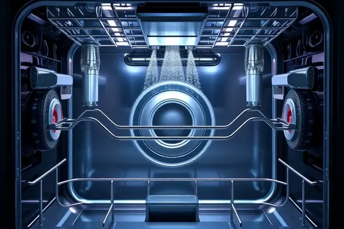 Render 3D conceitual mostrando limpeza interna e manutenção preventiva dos filtros de lava-louças.