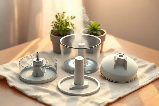 Render 3D conceitual de peças desmontadas de processador de alimentos sobre pano de linho para limpeza e manutenção sob luz natural suave.