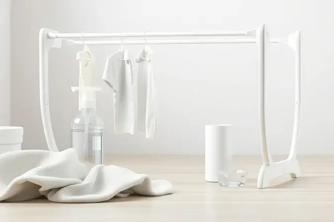 Render 3D conceitual de manutenção e limpeza de secadora de roupas com produtos de cuidado em ambiente clean