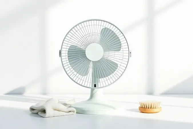 Ventilador de mesa com grade removível e lâminas limpas em renderização 3D