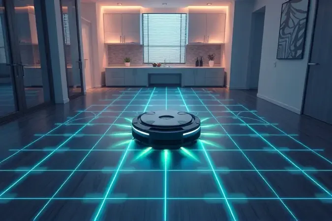 Ilustração 3D conceitual de navegação a laser e mapeamento inteligente de ambientes por robô aspirador.