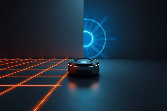 Render 3D comparativo entre mapeamento a laser e navegação por câmera em robô aspirador moderno