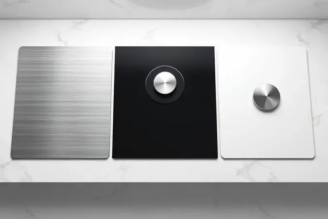 Comparação visual de materiais para fogão 6 bocas: aço inoxidável escovado, vidro preto fosco e esmalte branco acetinado em render 3D conceitual