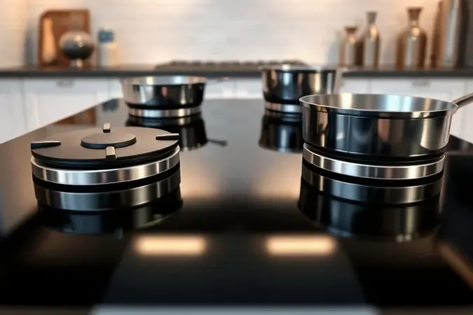 Detalhe conceitual da mesa de vidro temperado preta de fogão com acabamento sofisticado e reflexos suaves.