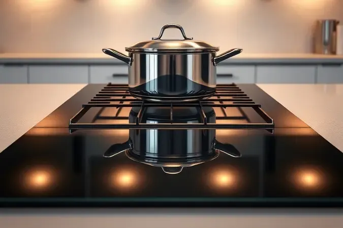 Render 3D de mesa de vidro temperado de fogão com panela sobre trempe de ferro estável