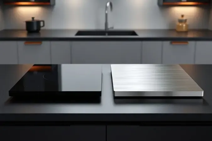 Comparação entre cooktop de mesa de vidro preta e inox escovado em bancada de cozinha