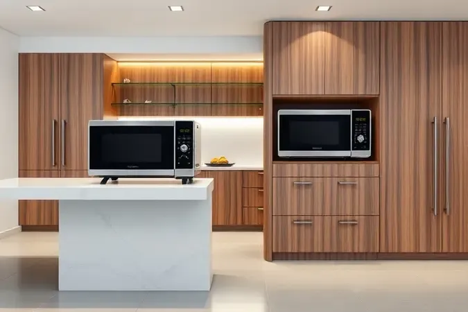 Comparação conceitual entre micro-ondas de bancada e modelo de embutir em cozinha planejada moderna.