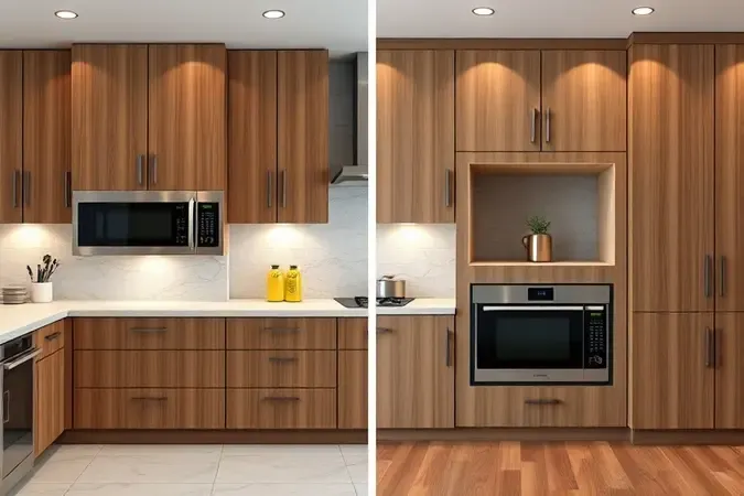 Comparação conceitual entre micro-ondas de bancada e modelo de embutir na cozinha planejada.
