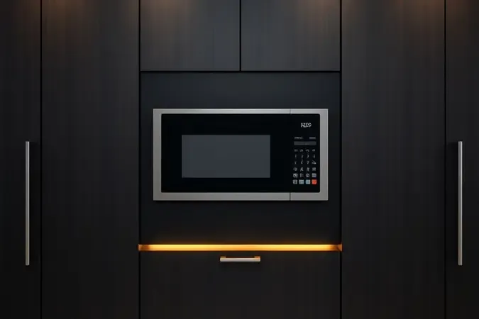 Micro-ondas de embutir integrado com elegância em armários planejados de cozinha de luxo.