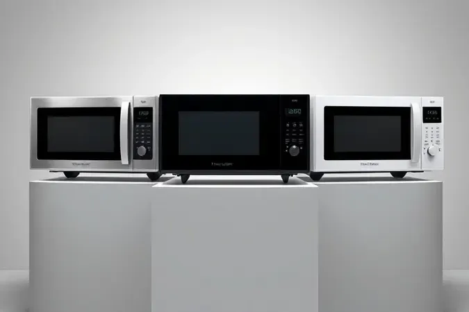 Acabamentos de micro-ondas em inox, preto e branco dispostos em ambiente conceitual.
