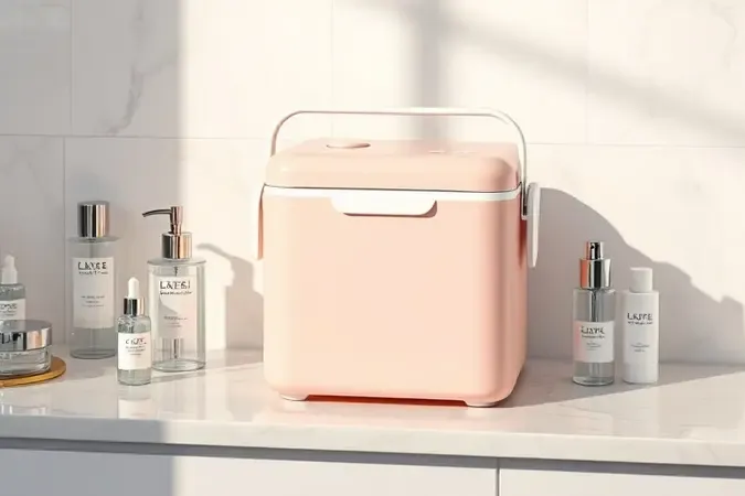 Mini geladeira portátil conceitual para cosméticos e skincare sobre bancada moderna de mármore.