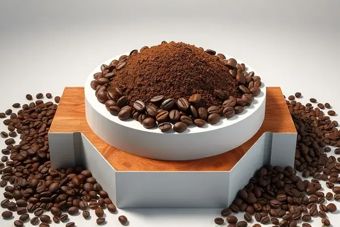 Grãos de café e moagem grossa ideal para uso na cafeteira prensa francesa em render 3D.