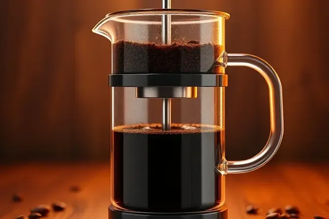 Ilustração 3D do processo de infusão e prensagem do café na cafeteira prensa francesa.