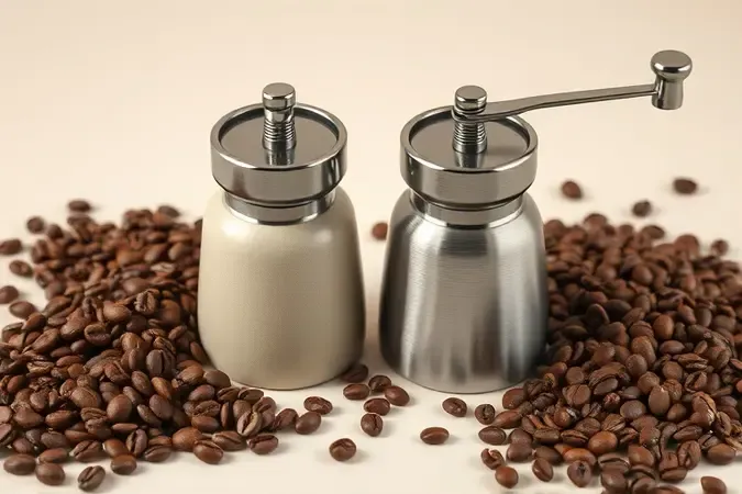 Moedores de café de cerâmica e aço lado a lado com grãos torrados em close conceitual