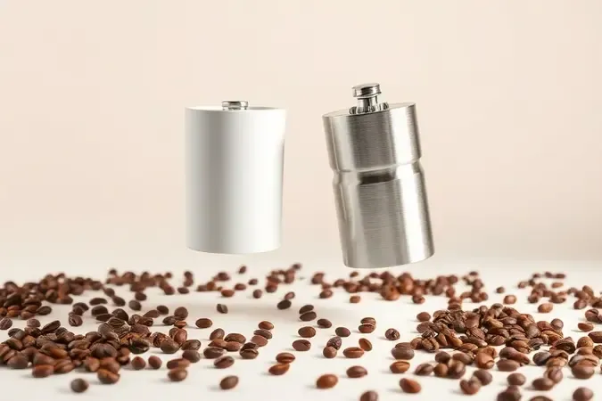 Moedor de cerâmica e aço para cafeteira expresso em render 3D conceitual com grãos de café
