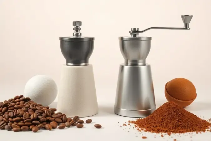 Comparação entre moedor cerâmico e de lâminas em render 3D com grãos e pó de café.