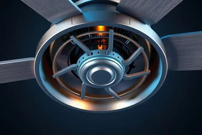 Motor de ventilador de teto em corte transversal em render 3D conceitual.