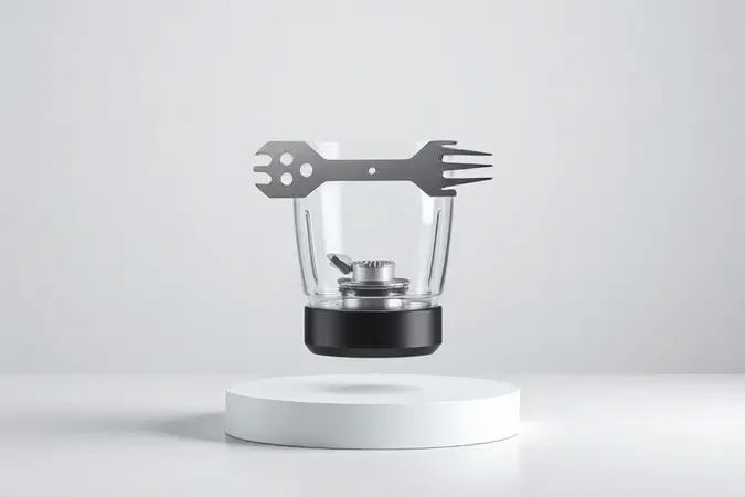 Motor e lâminas de aço inox de liquidificador sem marca em composição 3D conceitual.