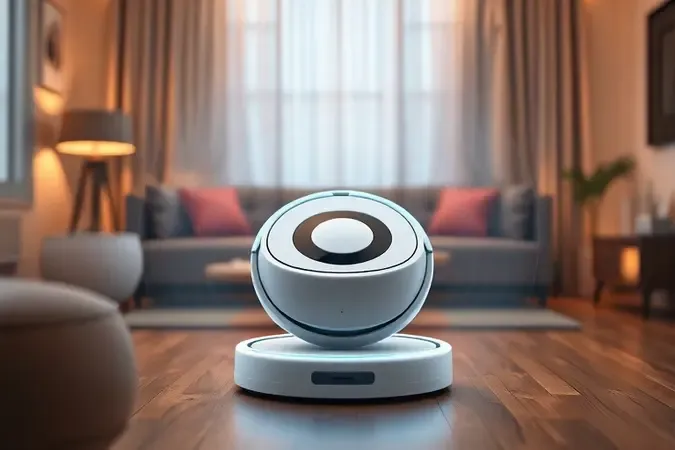 Visualização 3D de ondas sonoras suaves emitidas por aspirador robô silencioso em sala moderna.