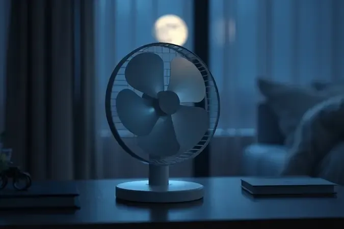 Ventilador de mesa silencioso em renderização 3D com ondas acústicas suaves e luz noturna