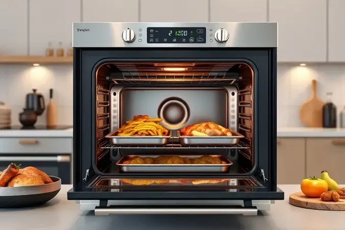 Forno de 60 litros aberto com assadeiras e refeição completa em preparo