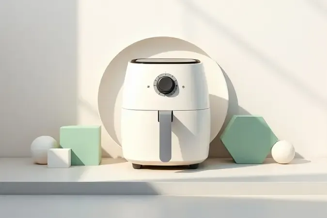 Renderização 3D de airfryer moderna com formas geométricas abstratas representando critérios de escolha.