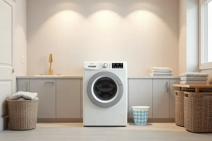 Render 3D de lavanderia minimalista com máquina de lavar 15kg sem marca e cestos organizados.