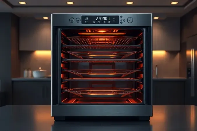 Renderização conceitual 3D de uma air fryer oven com múltiplas bandejas e circulação de ar quente.