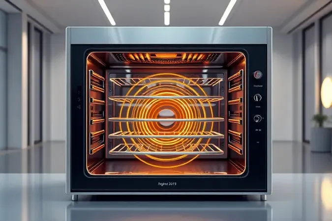 Ilustração 3D conceitual destacando o sistema de circulação de ar quente e prateleiras da air fryer oven.