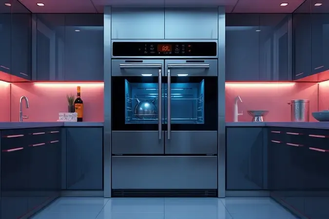 Conceito 3D de micro-ondas com acabamento espelhado e design elegante em ambiente minimalista.