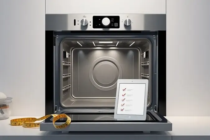 Forno elétrico de embutir aberto com interior de inox limpo, fita métrica e tablet em cena conceitual minimalista