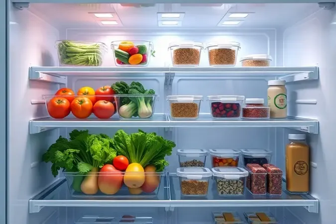 Interior de geladeira organizado em renderização 3D com alimentos frescos em recipientes transparentes e prateleiras arrumadas.