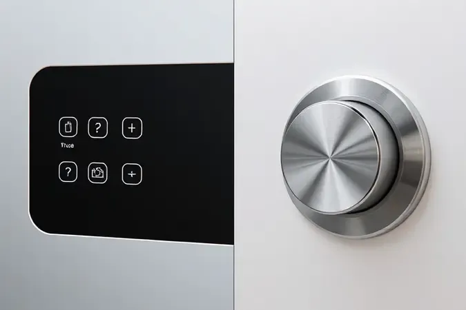Render 3D comparativo entre interface de painel digital touch e botão giratório mecânico moderno.