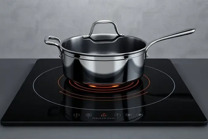 Panela de aço inox de alta qualidade sobre superfície de cooktop de indução moderno.