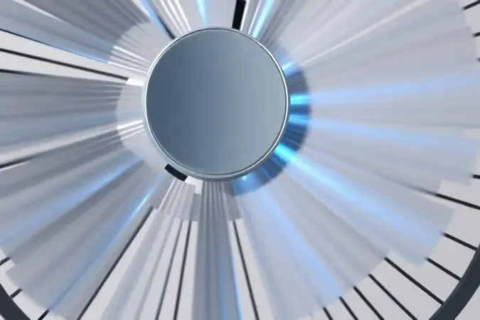 Renderização 3D de pás de ventilador de coluna em movimento com fluxo de ar azul suave
