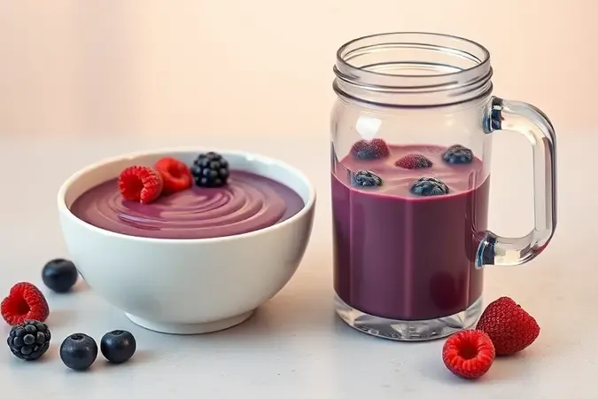 Tigela de açaí cremoso e jarra de liquidificador em render 3D com iluminação suave.