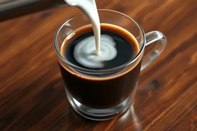 Preparo conceitual de cappuccino com leite vaporizado sendo despejado no café expresso.