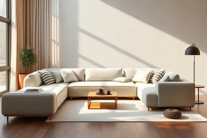 Visualização 3D de um sofá modular elegante em processo de limpeza profunda e higienização a seco.