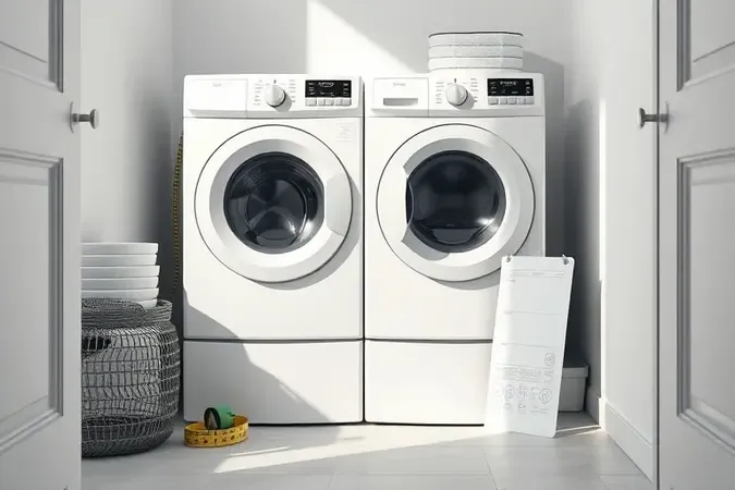Render 3D conceitual de lavanderia moderna com lava e seca, fita métrica e projeto para planejamento de compra