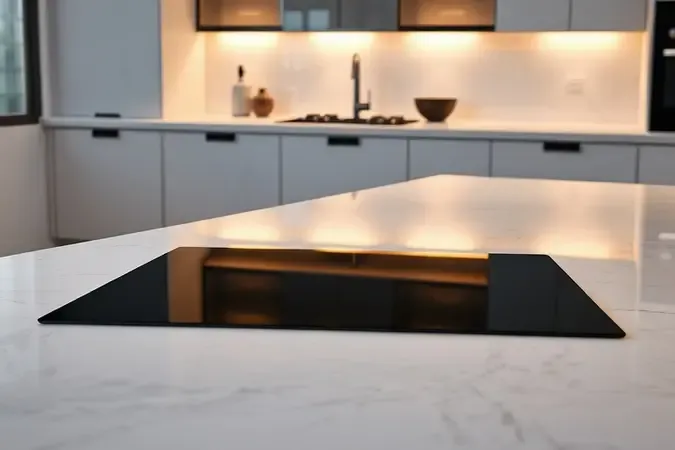 Render 3D conceitual de uma cozinha contemporânea destacando um elegante fogão de mesa de vidro temperado escuro.