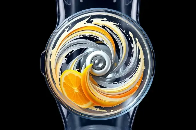 Visualização conceitual em 3D de lâminas de aço inoxidável em vórtice de corte potente.