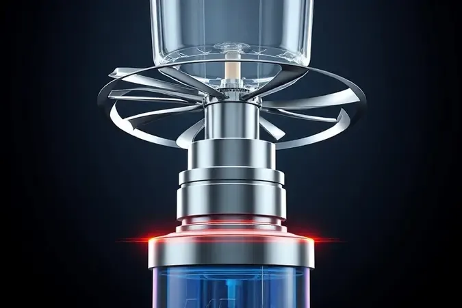 Visualização conceitual em 3D de lâminas afiadas de aço inoxidável e motor de liquidificador de alta potência.