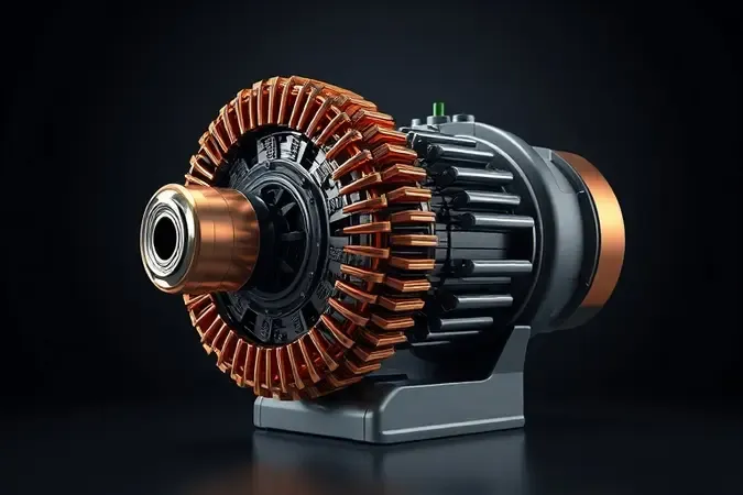 Render 3D conceitual de motor elétrico potente com enrolamentos de cobre para liquidificador industrial