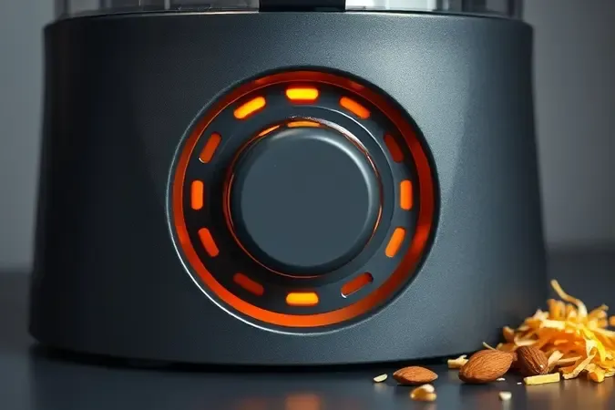 Render 3D conceitual da base do motor de processador de alimentos com visualização abstrata de potência e iluminação profissional de estúdio.