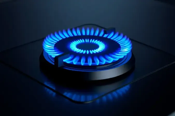 Visualização 3D de queimador a gás de alto desempenho com chama dupla azul uniforme sobre superfície limpa.