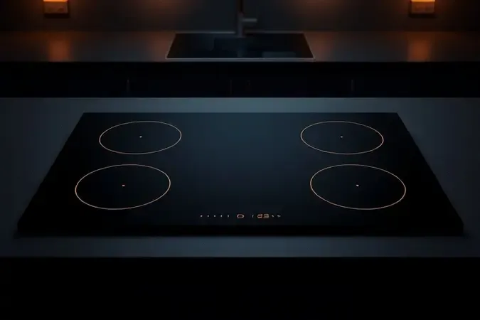 Cooktop por indução com quatro zonas de cocção em diferentes intensidades de brilho sobre superfície de vitrocerâmica preta.