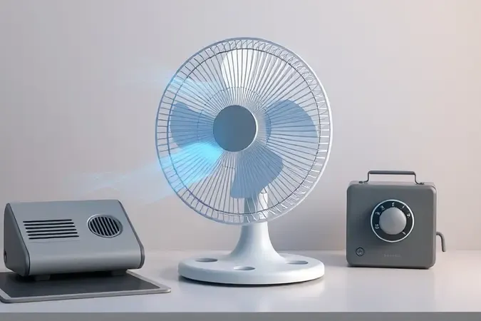 Renderização conceitual de ventilador de mesa com fluxo de ar visível e controle de velocidade